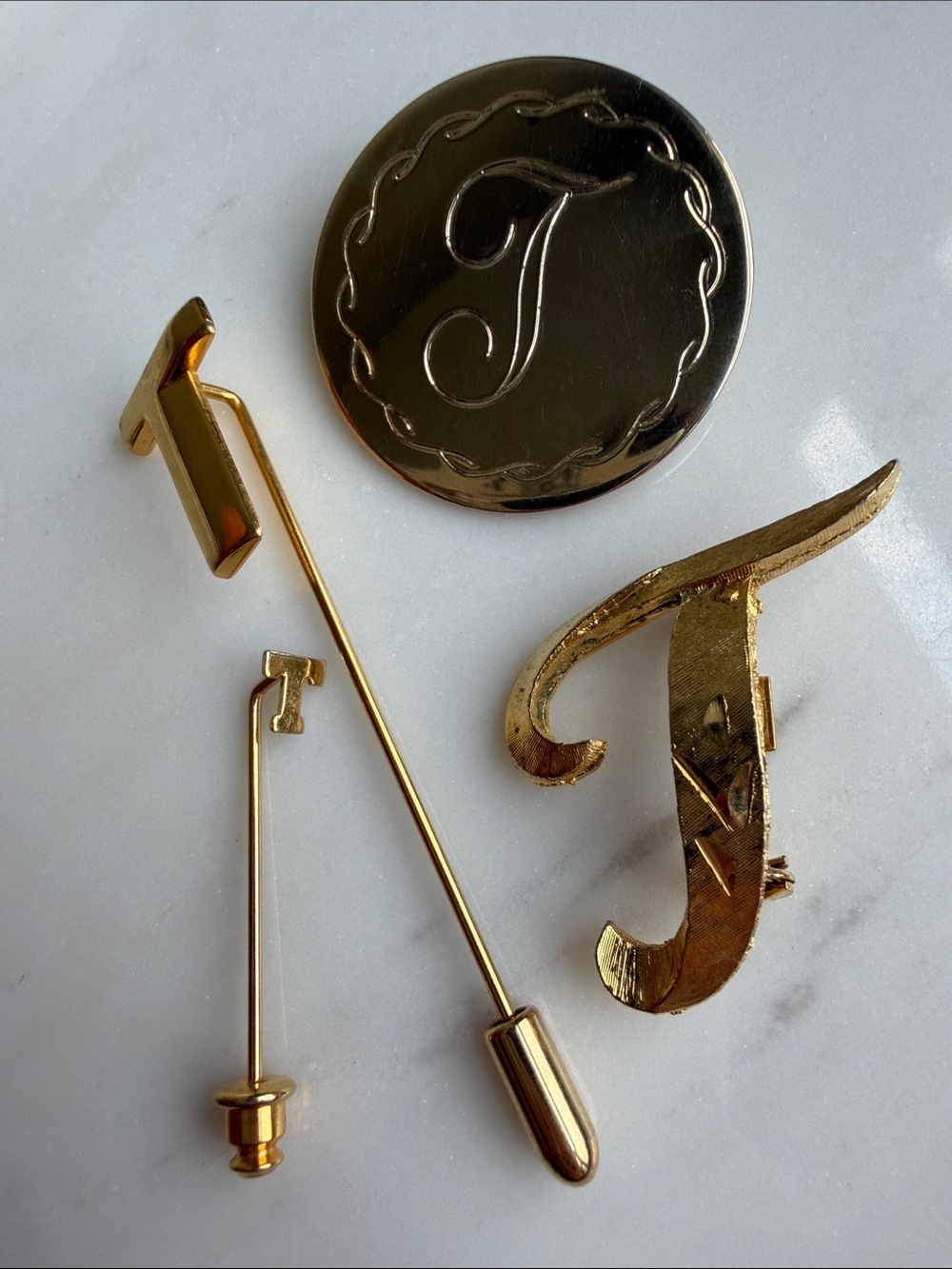 Vintage T' Monogram Pin and Brooch Collection- 2 lapel pins , 2 Brooches